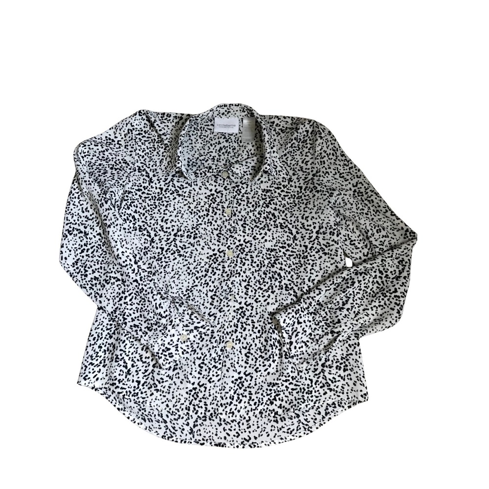 Liz Claiborne Lizsport Petite Animal Print Button Down Shirt White Black Small P